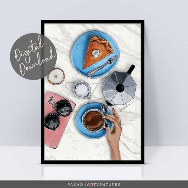 Coffee break flatlay illustration lifestyle print