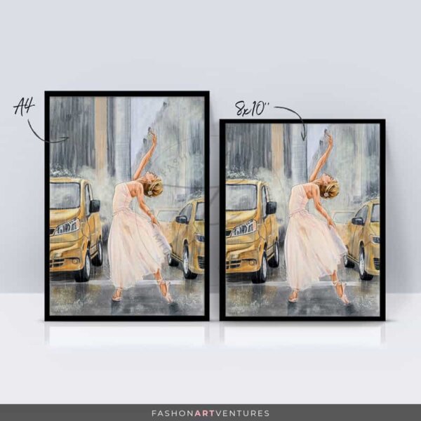 A fashion illusrtation of a ballerina dancing in the rain in the middle of the street