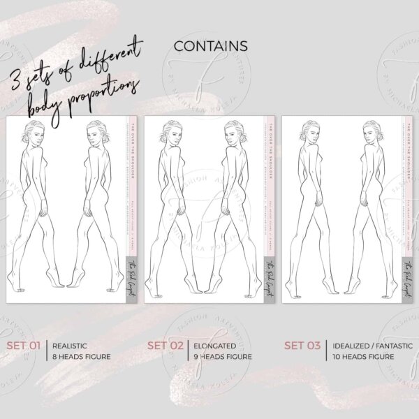 3 vector figure templates with the same girl in eight, nine and ten heads proportions