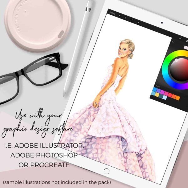 An iPad Pro laying on a desk, showing a fashion illustration made in the Procreate App by using the fashion template in this product