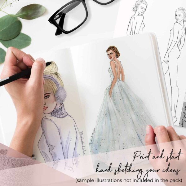 Female hands sketching a figure in a sketchbook, a fashion illustration with help of the fashion template in this product