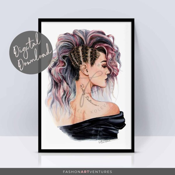 A Printable Wall Art piece featuring a portrait of a girl with a rose gold ombre hair and a tattoo on her neck reading Rocking ballerina.
