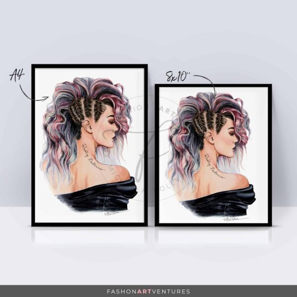 A Printable Wall Art piece featuring a portrait of a girl with a rose gold ombre hair and a tattoo on her neck reading Rocking ballerina.