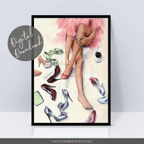 This is a lifestyle illustration showcasing a woman trying on different shoes to find the pair that ‘look right’ on her and matches her outfit.